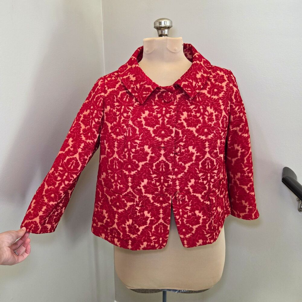 Talbots 12P Red Damask Jacquard Floral Tapestry Jacket 3/4 Sleeve Jackie O Vamp
